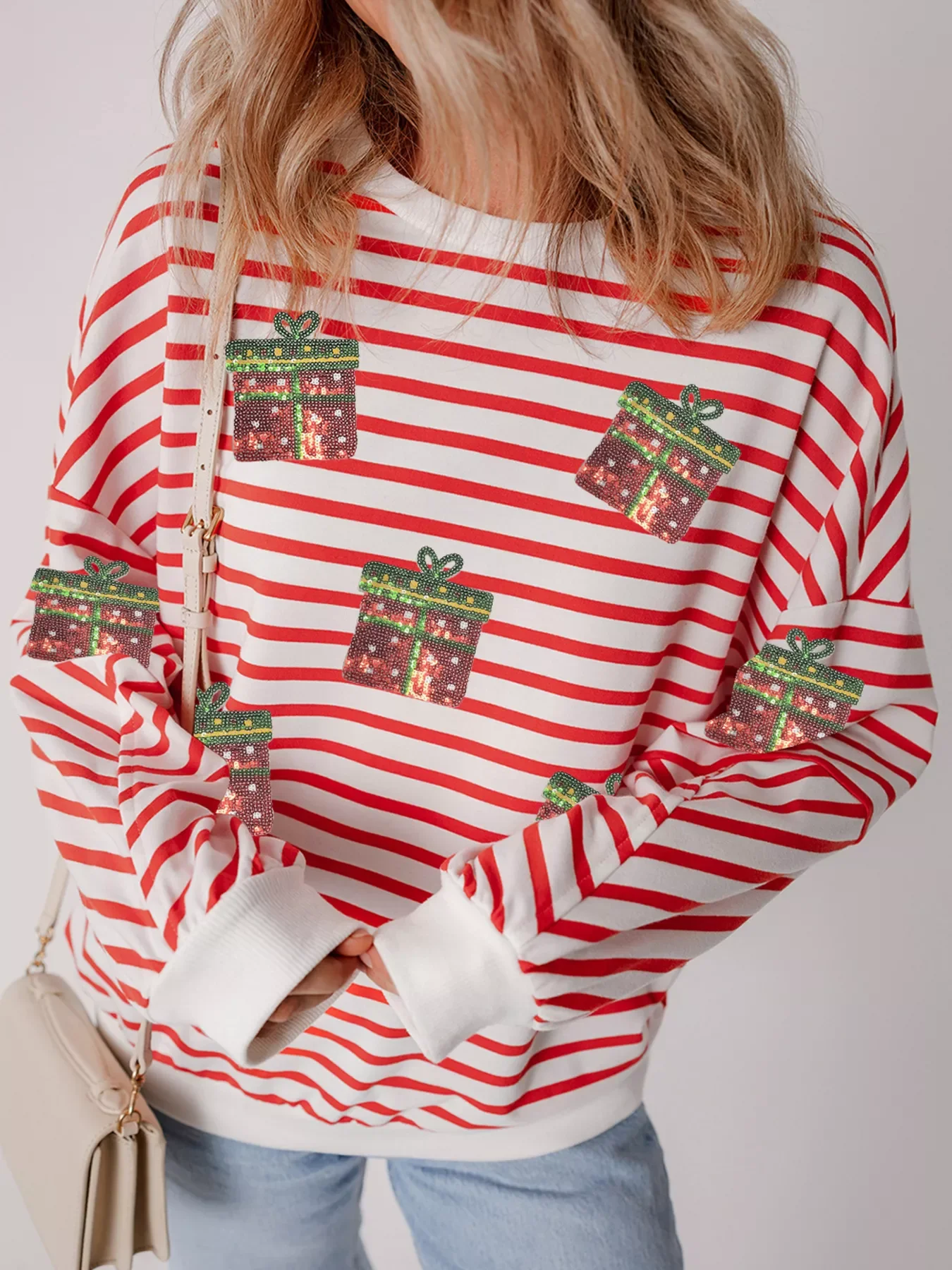 Stripe Sequin Christmas Gift Patched Drop Shoulder Sweatshirt - Image 4