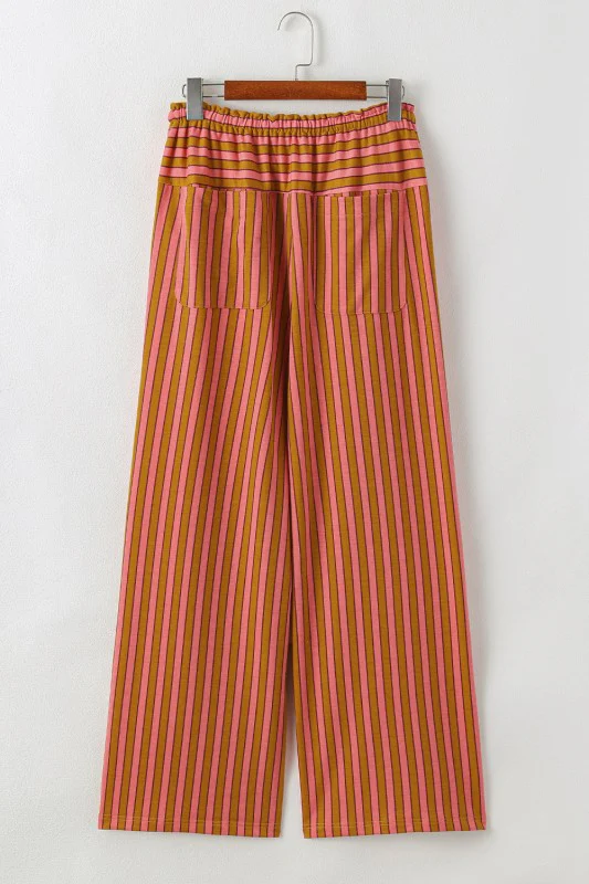 Stripe Tie Waist Buttoned Pocket Wide Leg Pants - Image 3