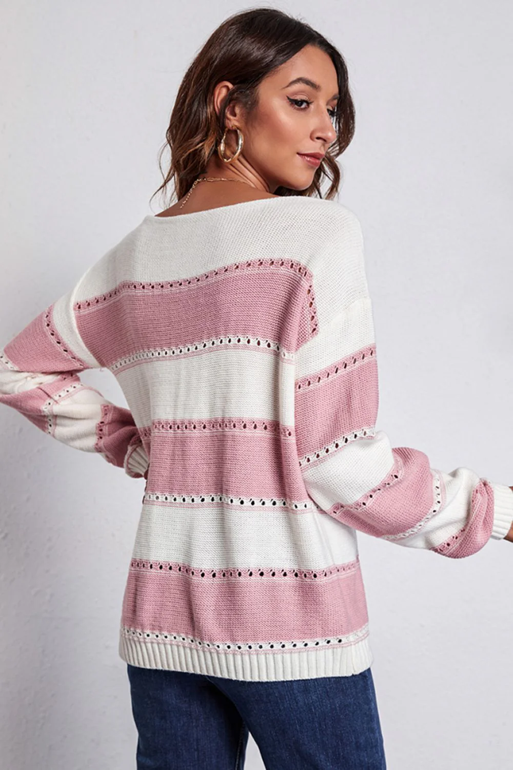 Striped Boat Neck Dropped Shoulder Sweater - Image 2
