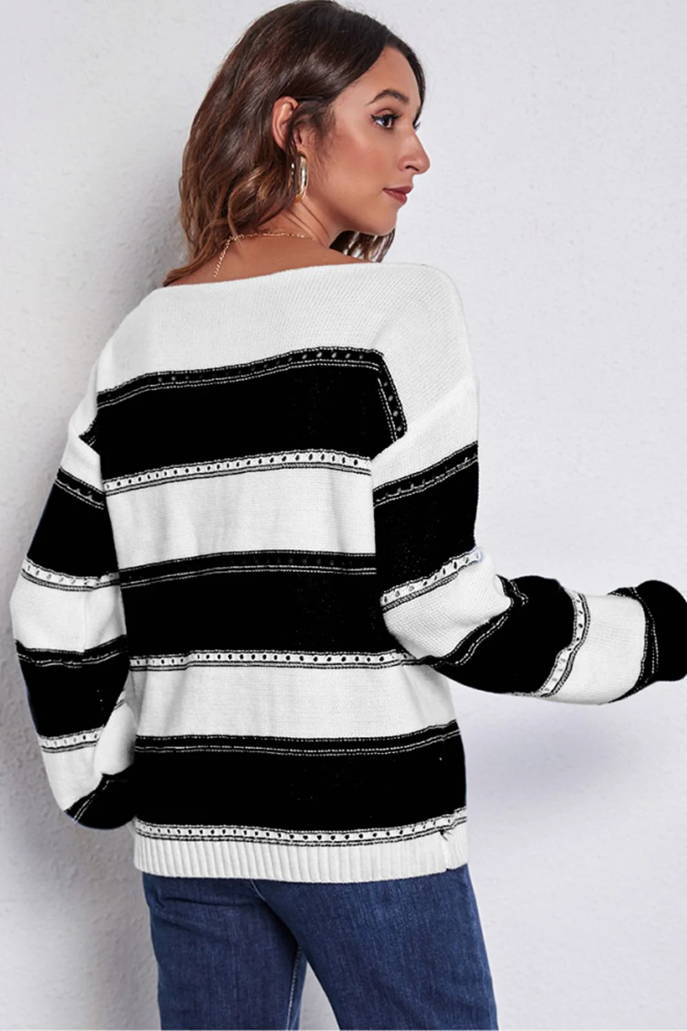 Striped Boat Neck Dropped Shoulder Sweater - Image 5