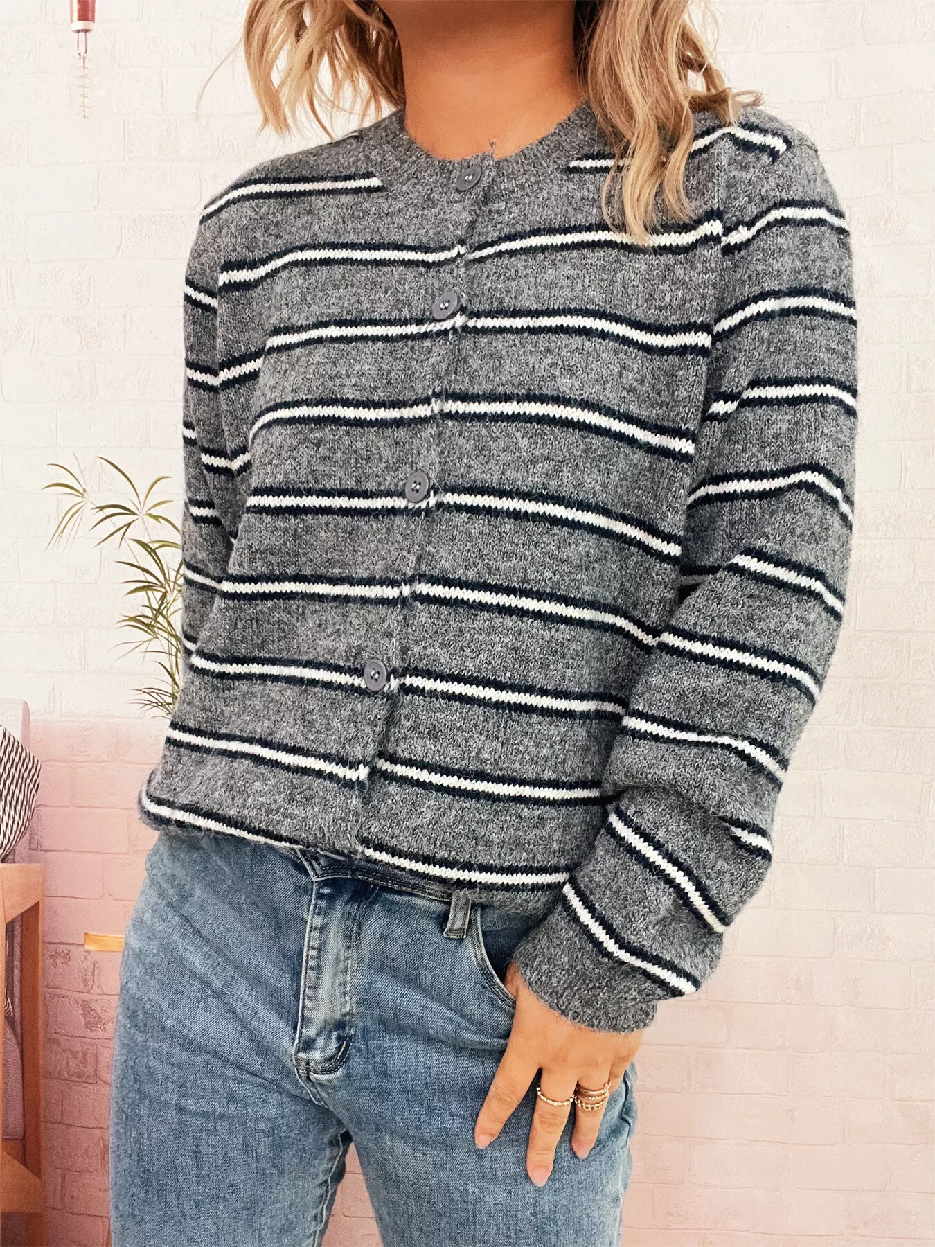 Striped Button-Up Long Sleeve Cardigan - Image 12