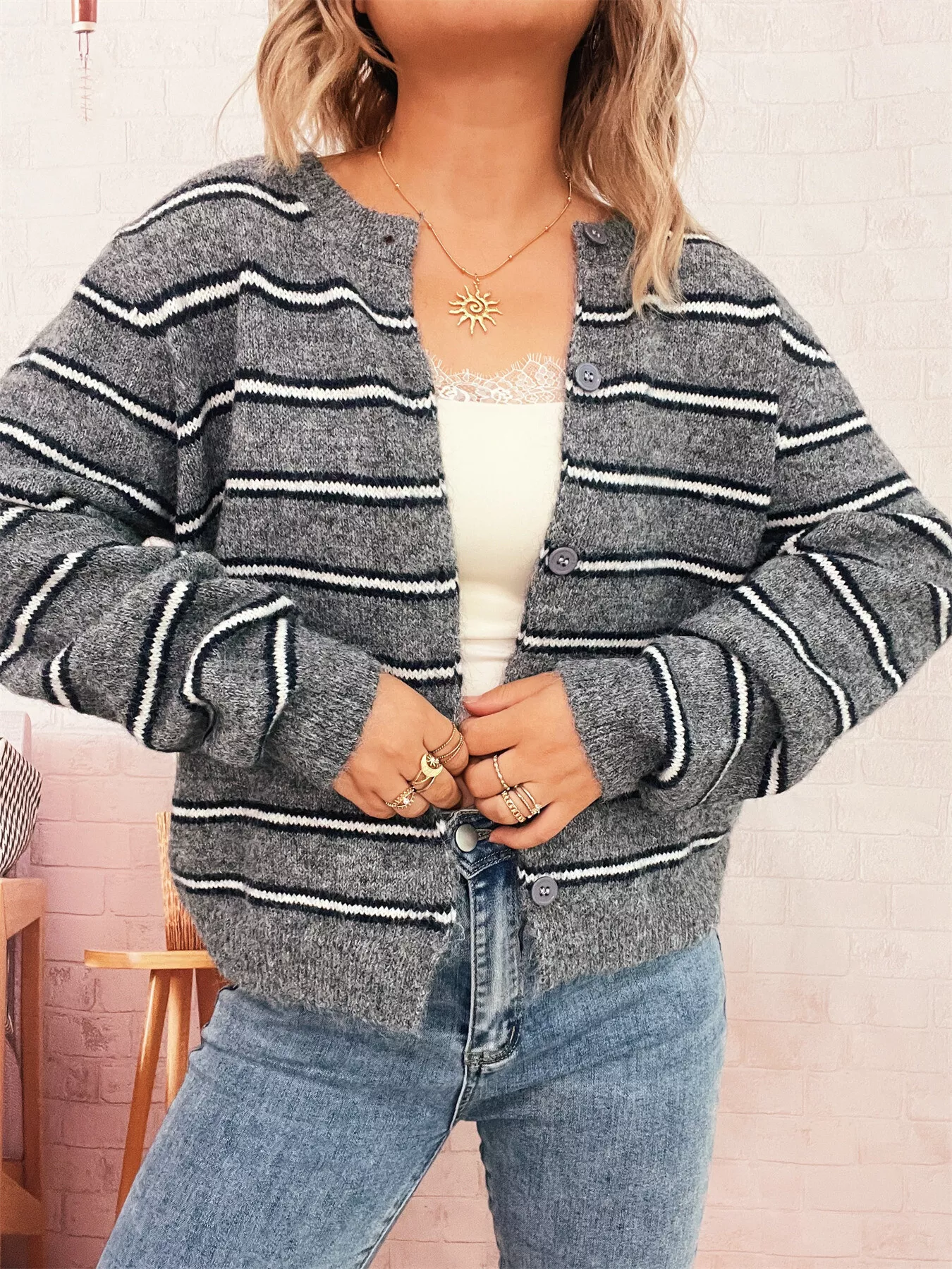 Striped Button-Up Long Sleeve Cardigan - Image 13