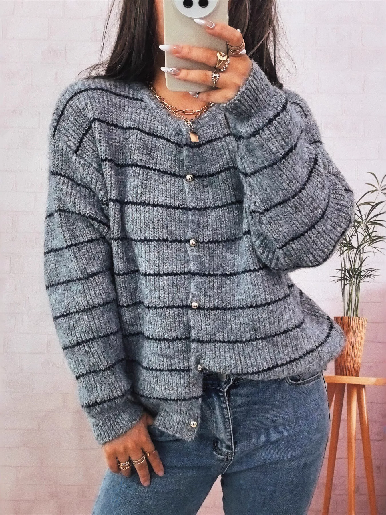 Striped Button Up Long Sleeve Cardigan - Image 7