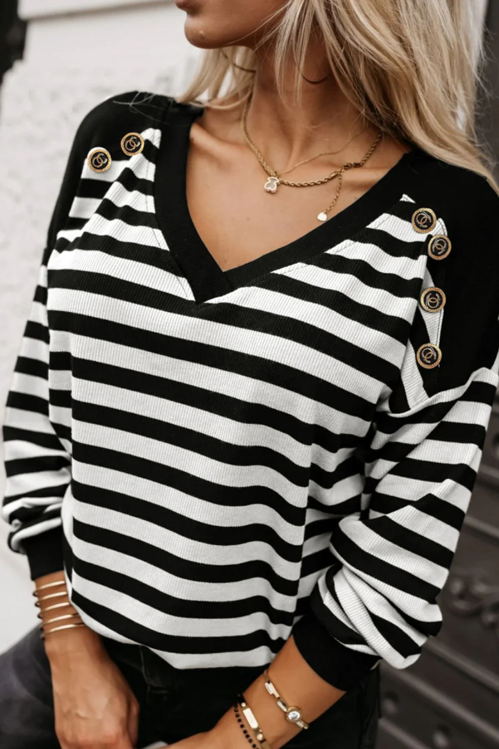 Striped Lace Detail V Neck Top - Image 2