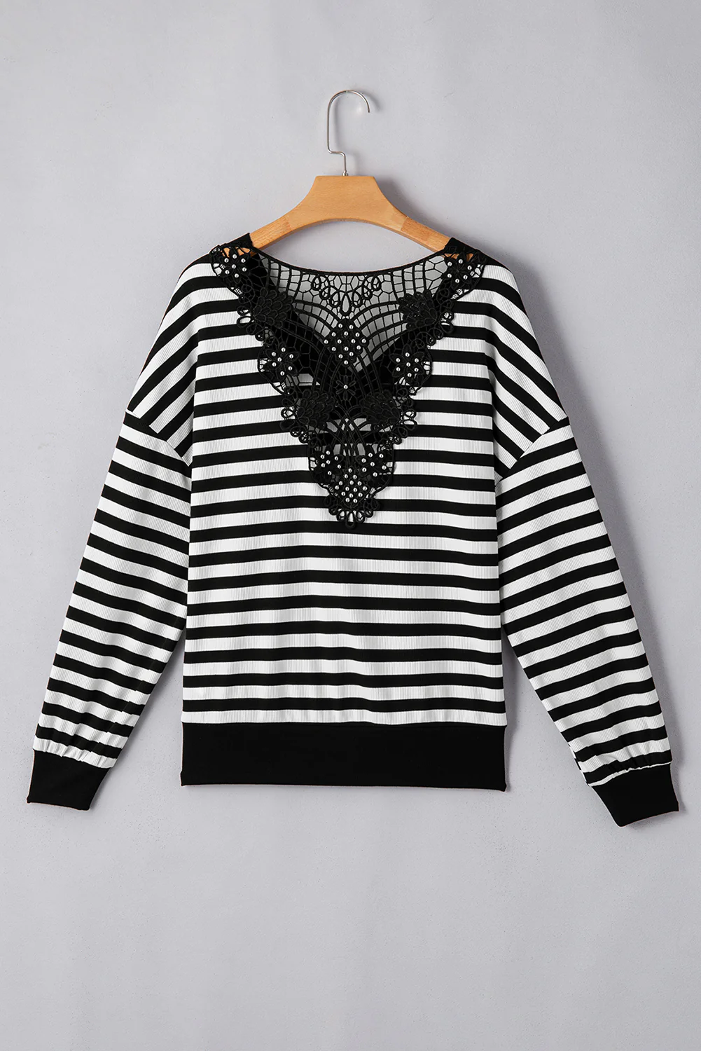 Striped Lace Detail V Neck Top - Image 5