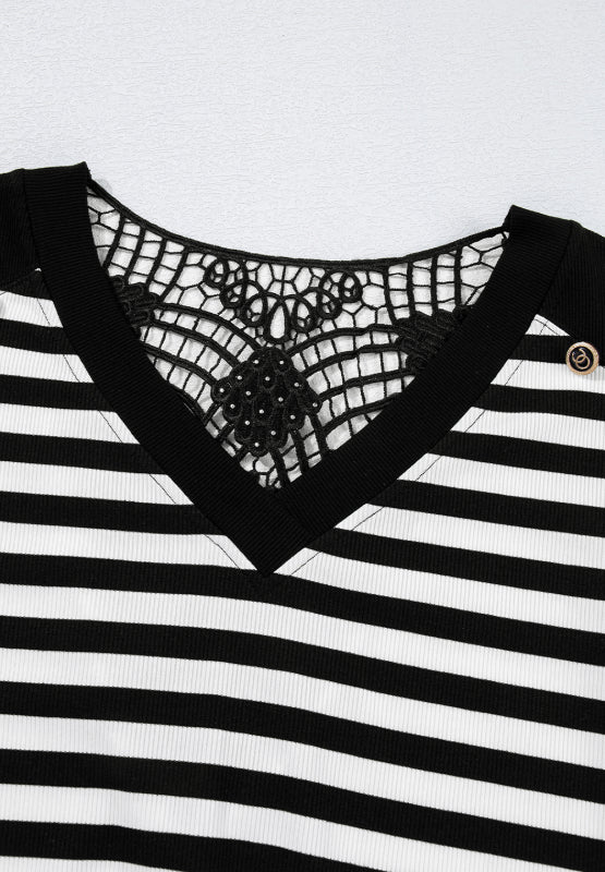 Striped Lace Detail V Neck Top - Image 7