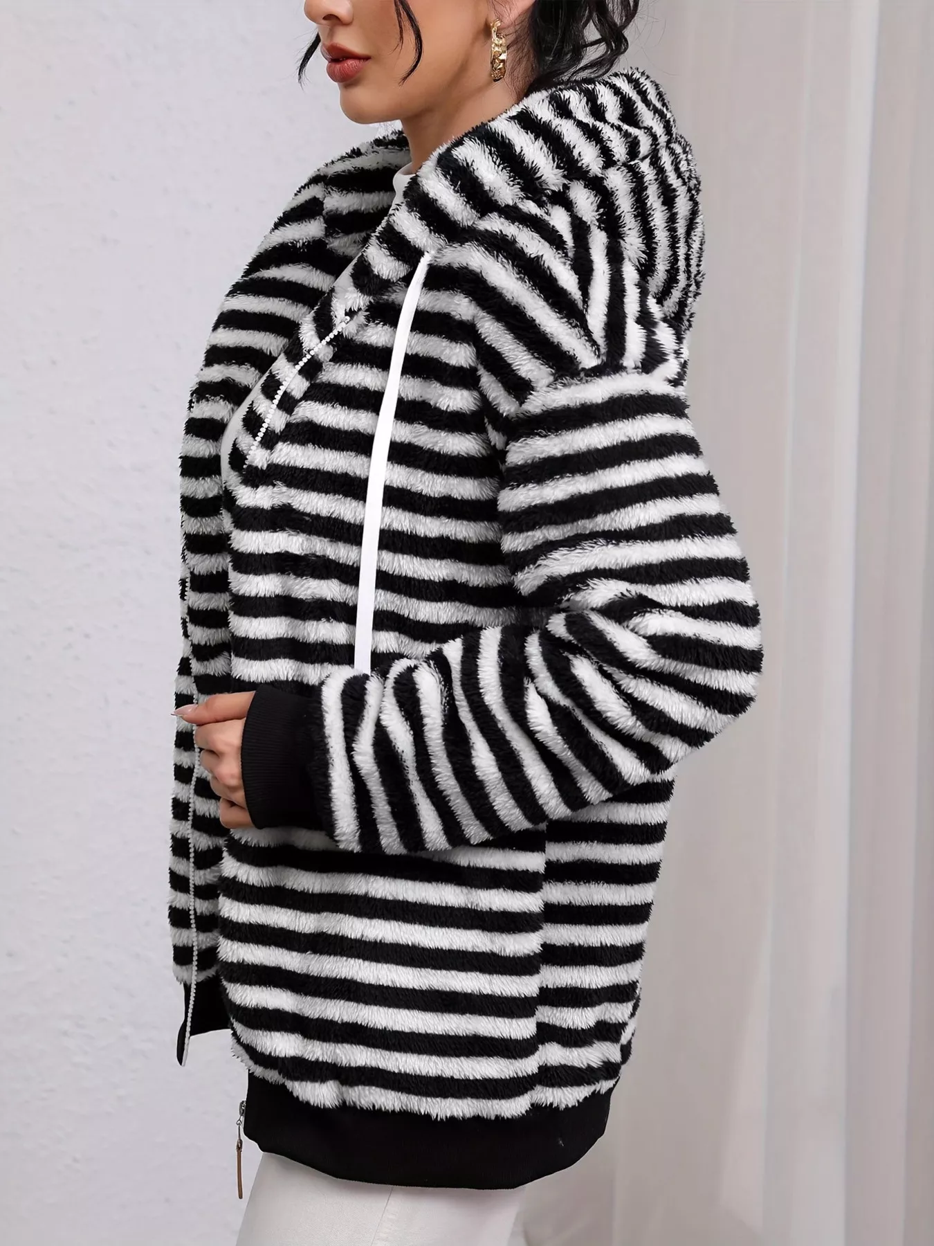 Striped Plush Zip-Up Hooded Outerwear - Image 3