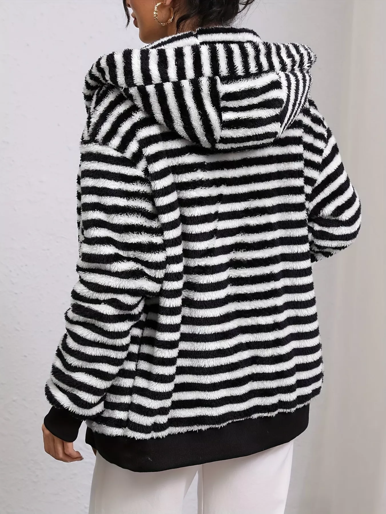 Striped Plush Zip-Up Hooded Outerwear - Image 4