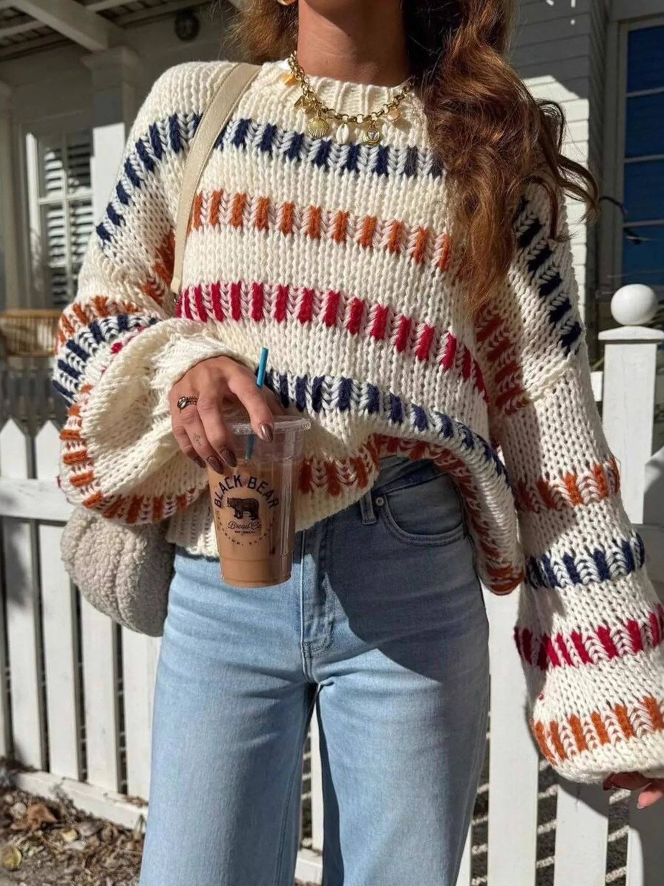 Striped Round Neck Long Sleeve Sweater - Image 2