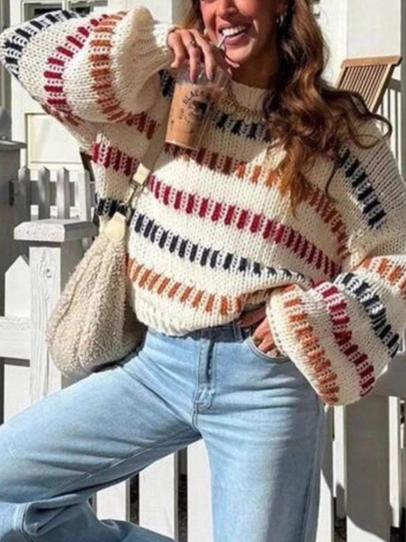Striped Round Neck Long Sleeve Sweater - Image 4