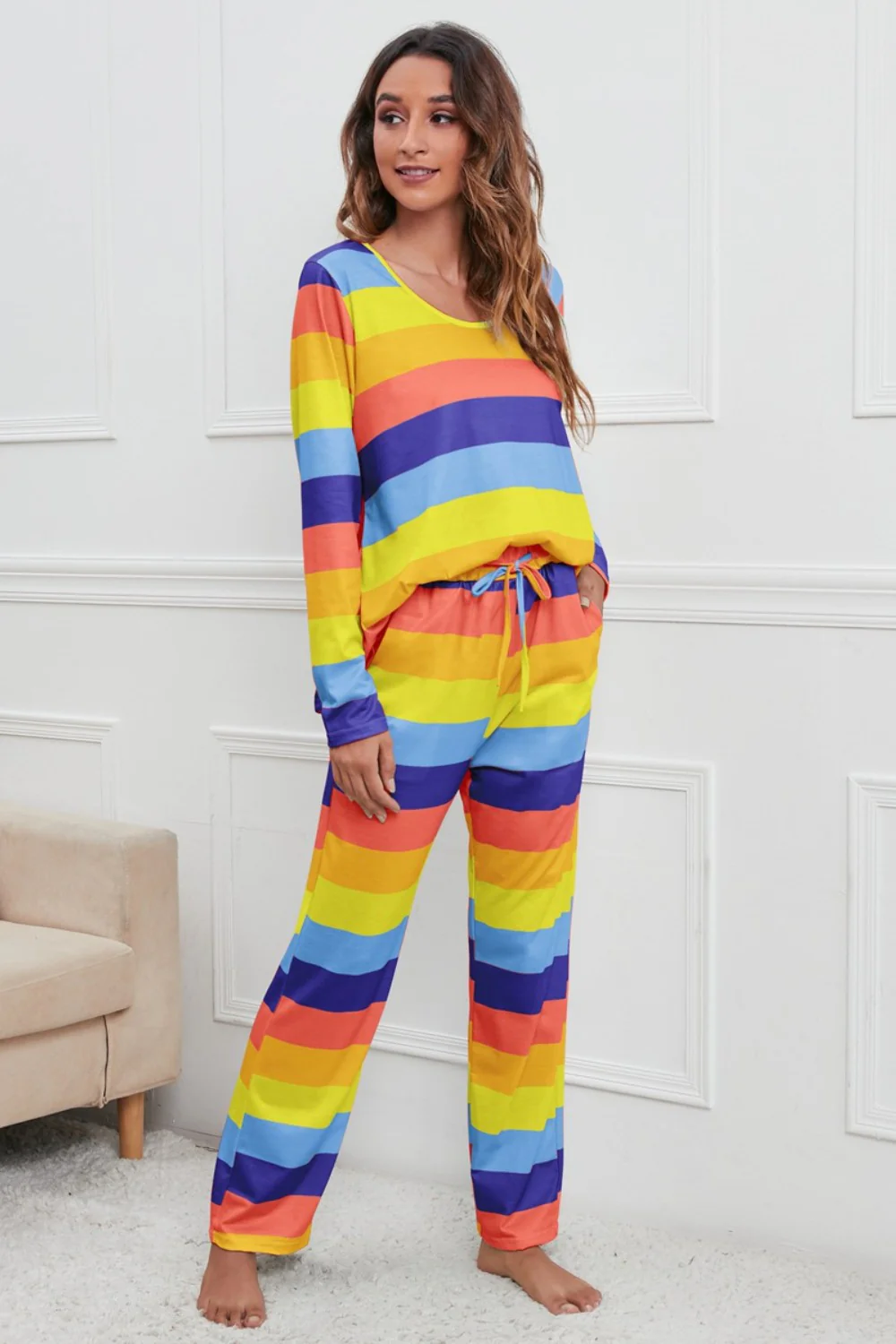 Striped Round Neck Long Sleeve Top and Drawstring Pants Lounge Set - Image 11