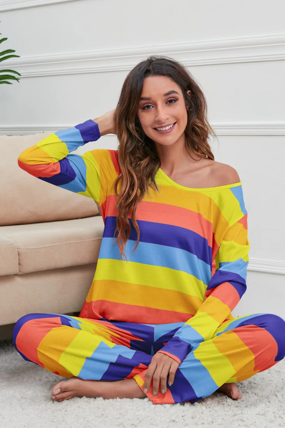 Striped Round Neck Long Sleeve Top and Drawstring Pants Lounge Set - Image 12
