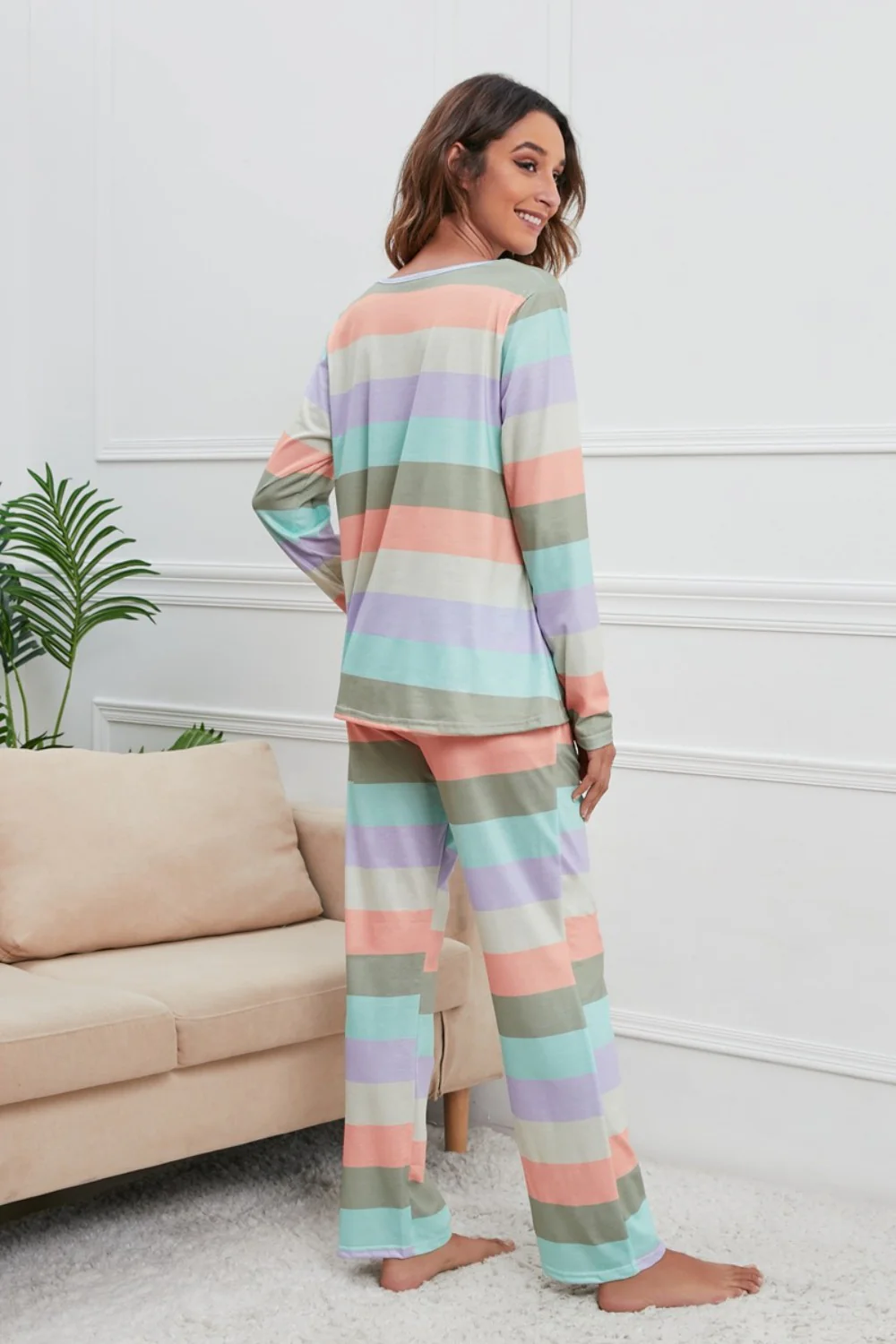Striped Round Neck Long Sleeve Top and Drawstring Pants Lounge Set - Image 2