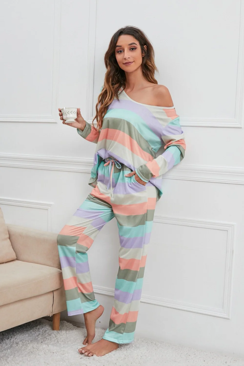 Striped Round Neck Long Sleeve Top and Drawstring Pants Lounge Set - Image 3