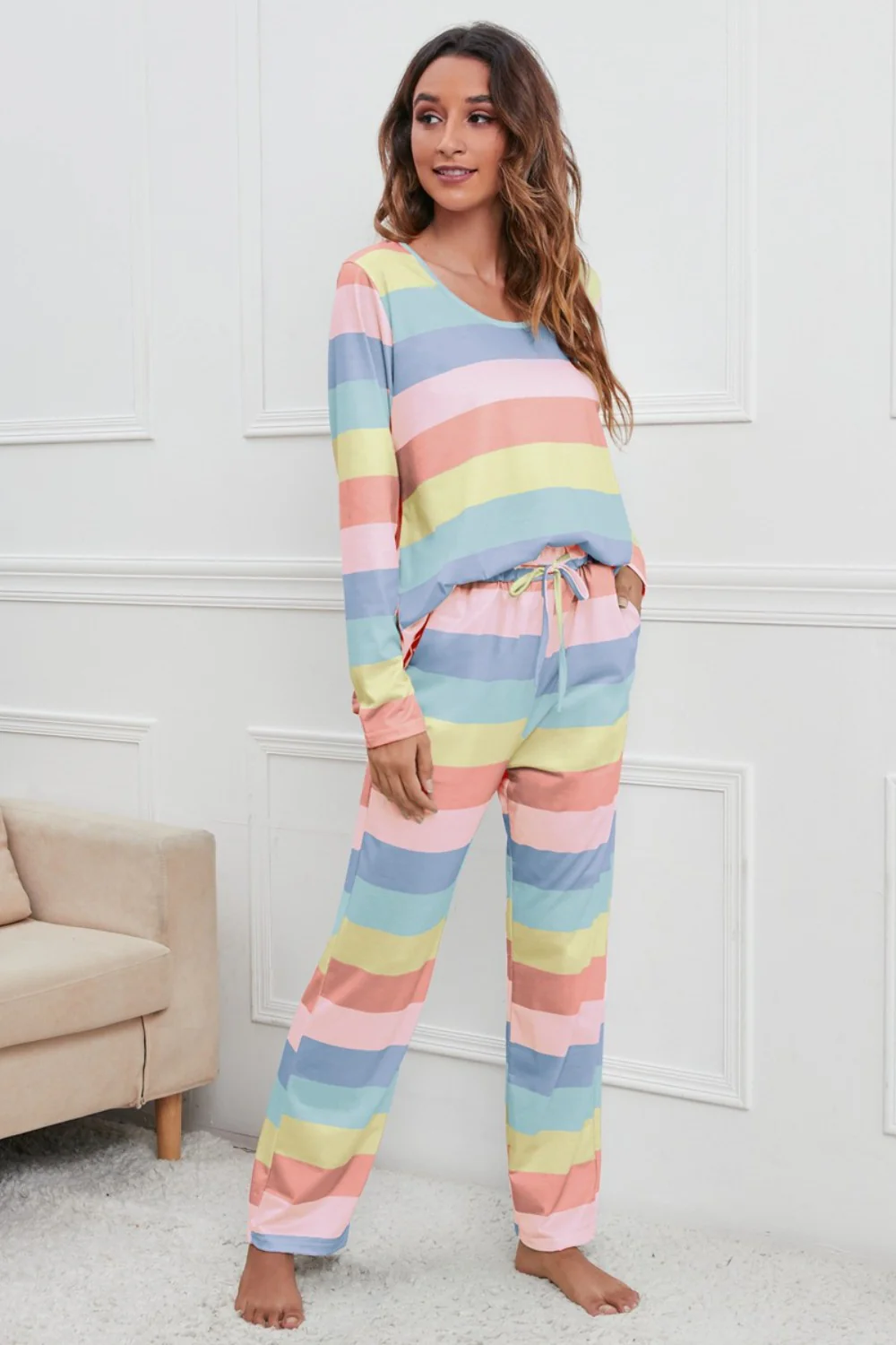 Striped Round Neck Long Sleeve Top and Drawstring Pants Lounge Set - Image 4