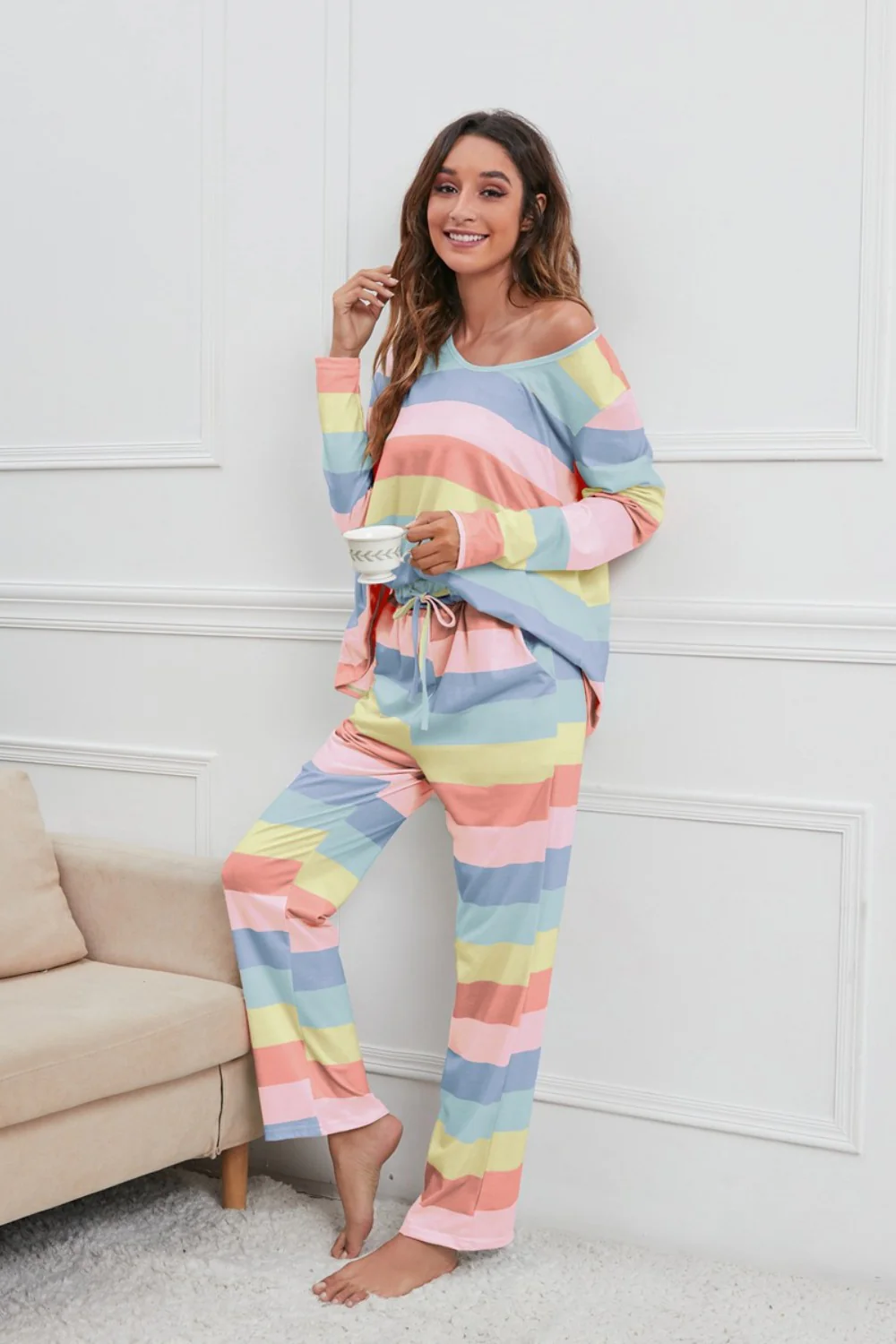 Striped Round Neck Long Sleeve Top and Drawstring Pants Lounge Set - Image 5
