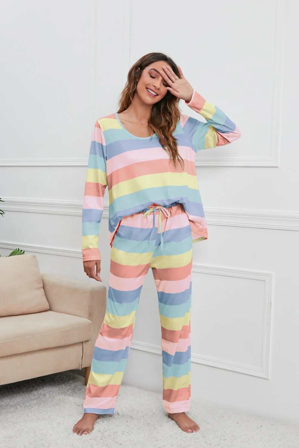 Striped Round Neck Long Sleeve Top and Drawstring Pants Lounge Set - Image 6