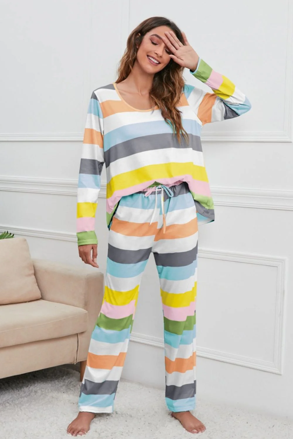 Striped Round Neck Long Sleeve Top and Drawstring Pants Lounge Set - Image 7