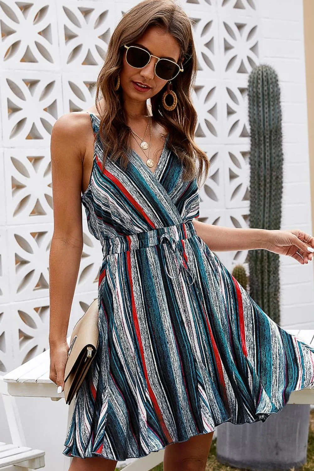 Striped Surplice Neck Spaghetti Strap Dress - Image 3