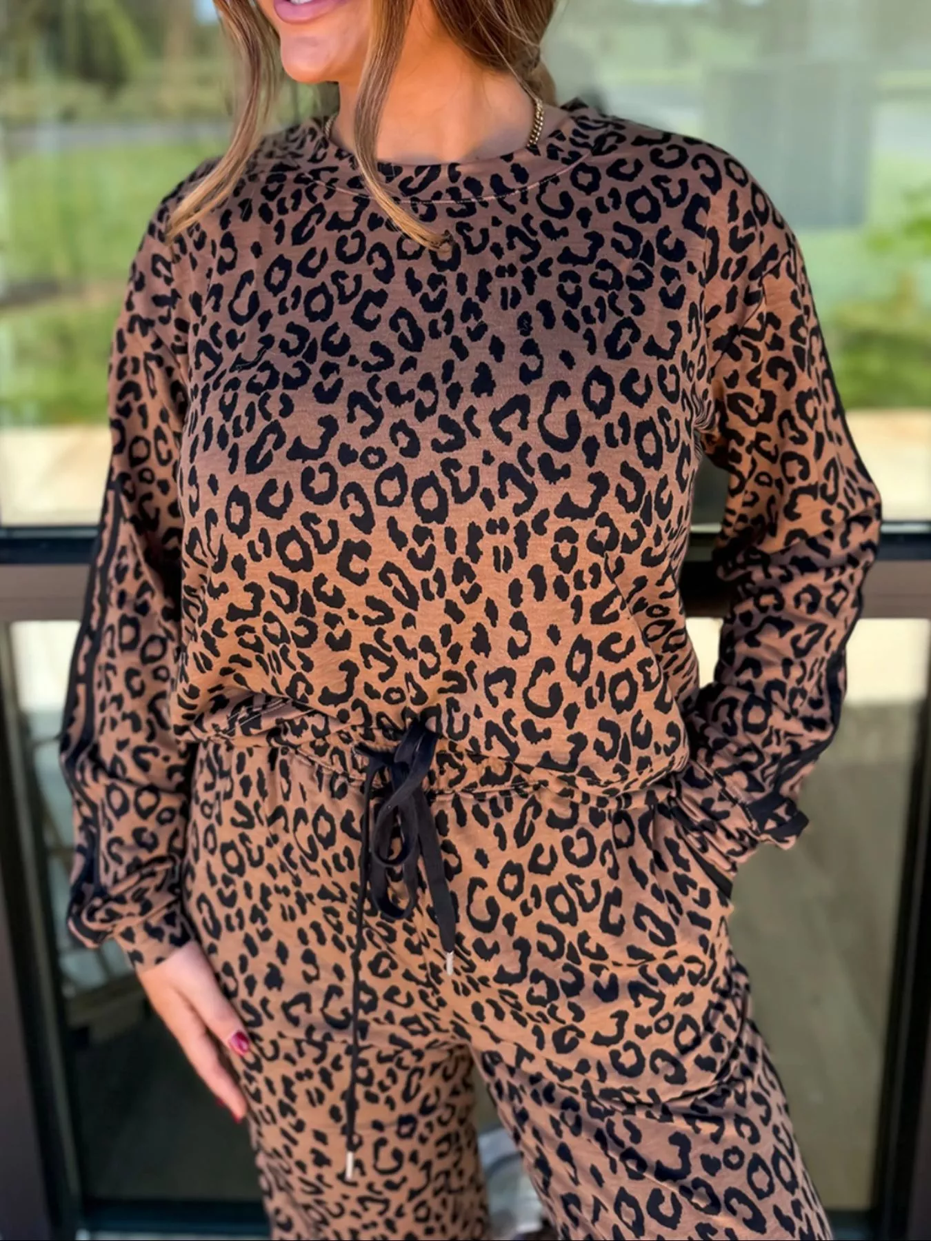 Striped Trim Leopard Long Sleeve Top Drawstring Pant Set - Image 2