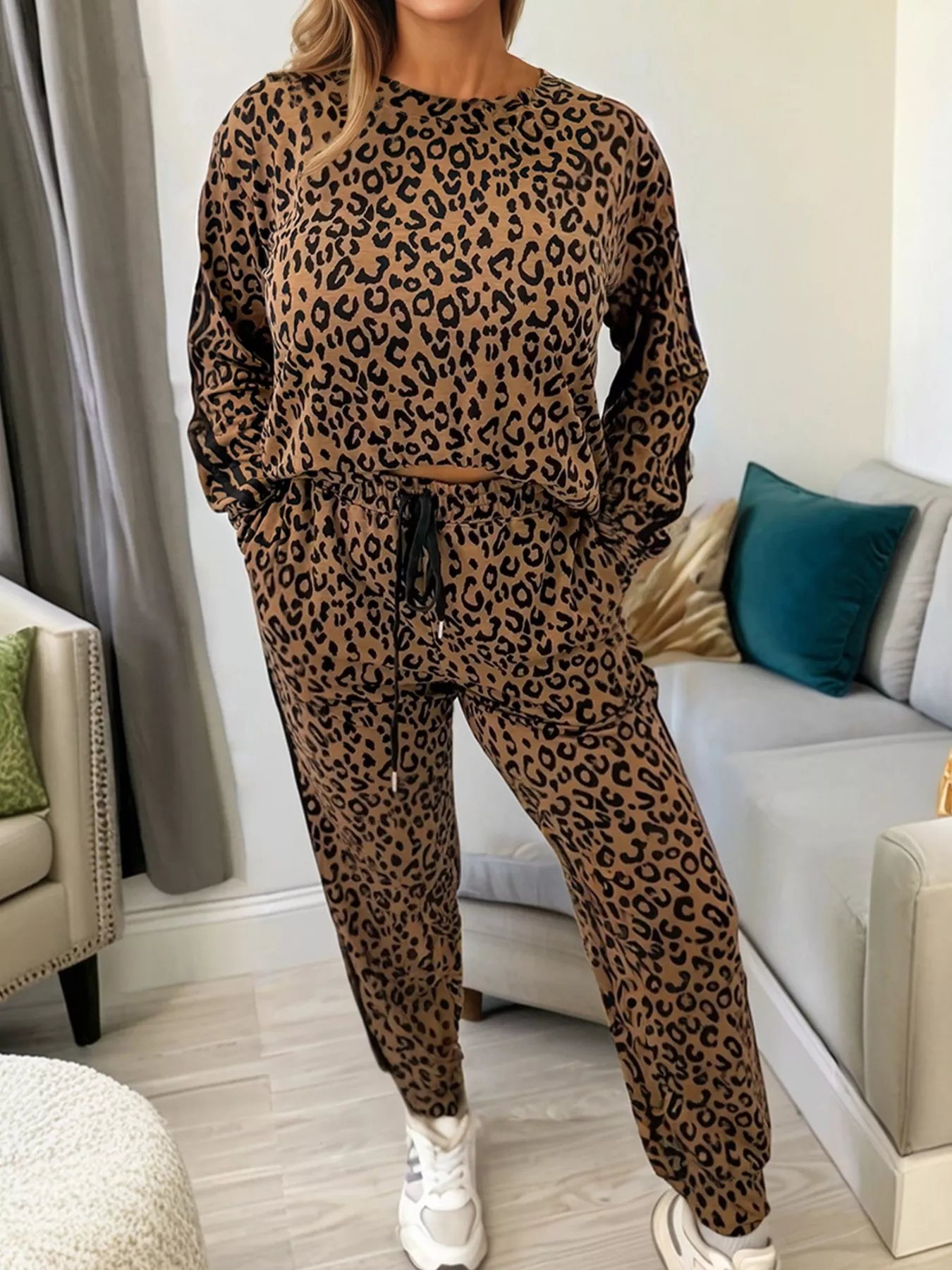 Striped Trim Leopard Long Sleeve Top Drawstring Pant Set - Image 3