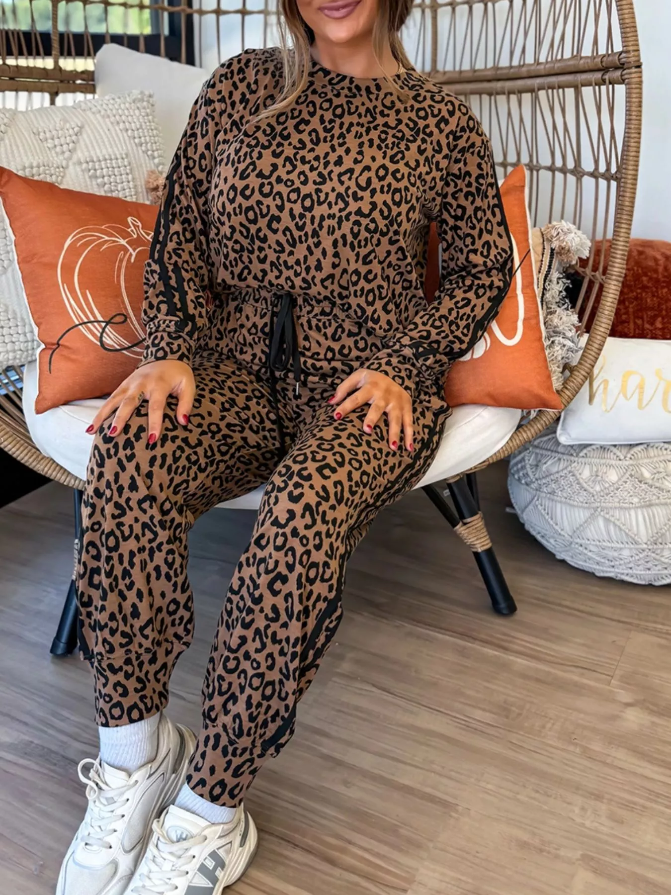 Striped Trim Leopard Long Sleeve Top Drawstring Pant Set - Image 4