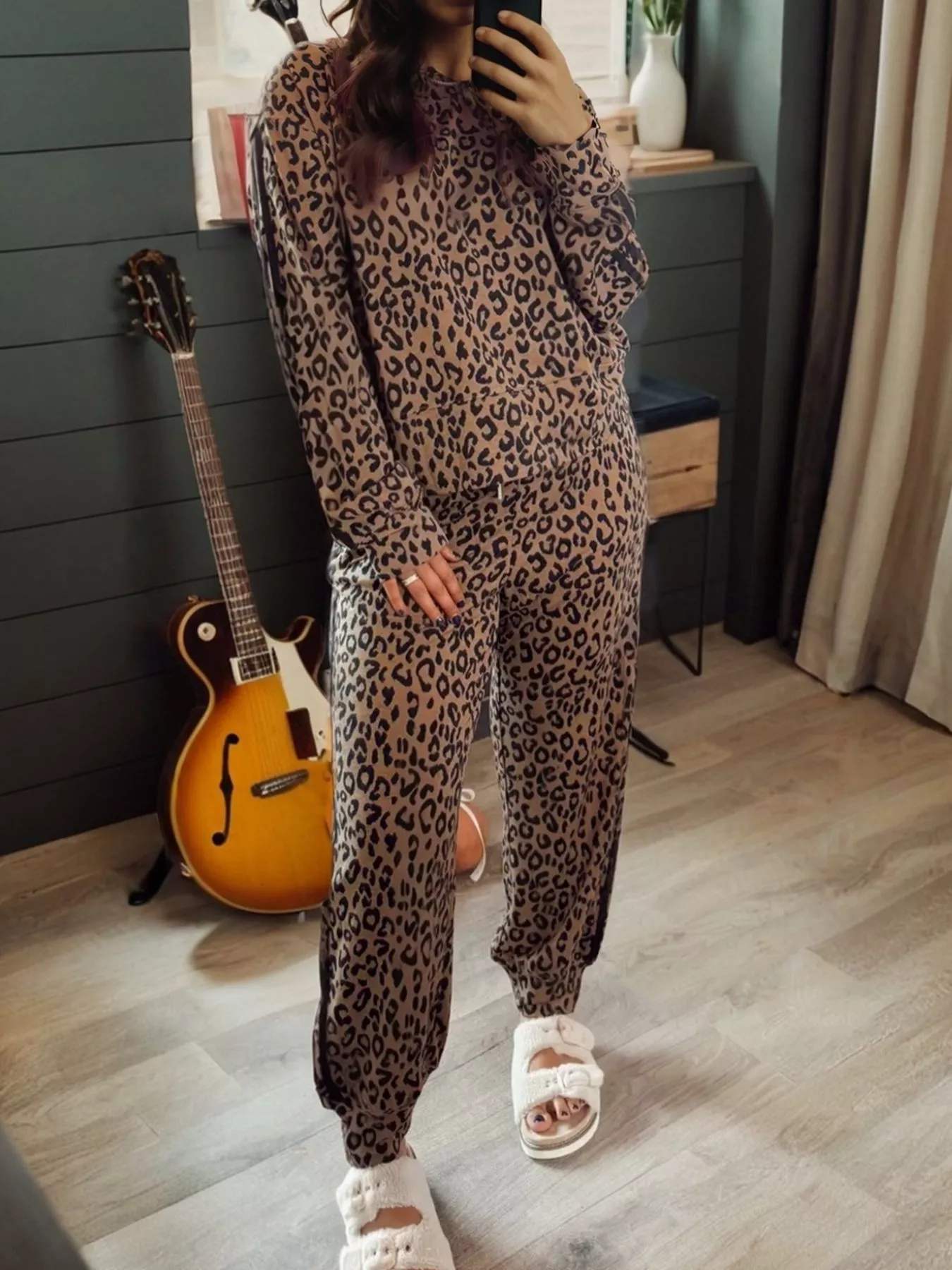 Striped Trim Leopard Long Sleeve Top Drawstring Pant Set - Image 5