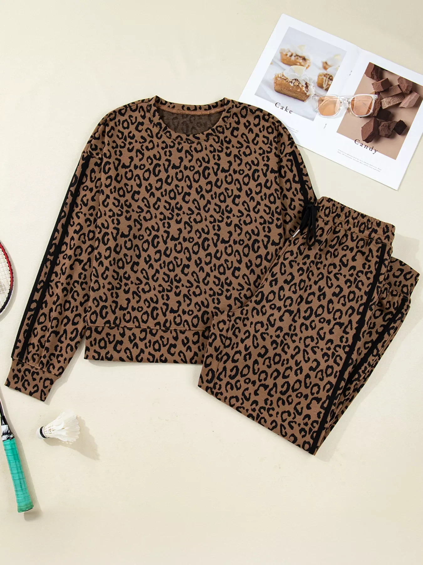 Striped Trim Leopard Long Sleeve Top Drawstring Pant Set - Image 6