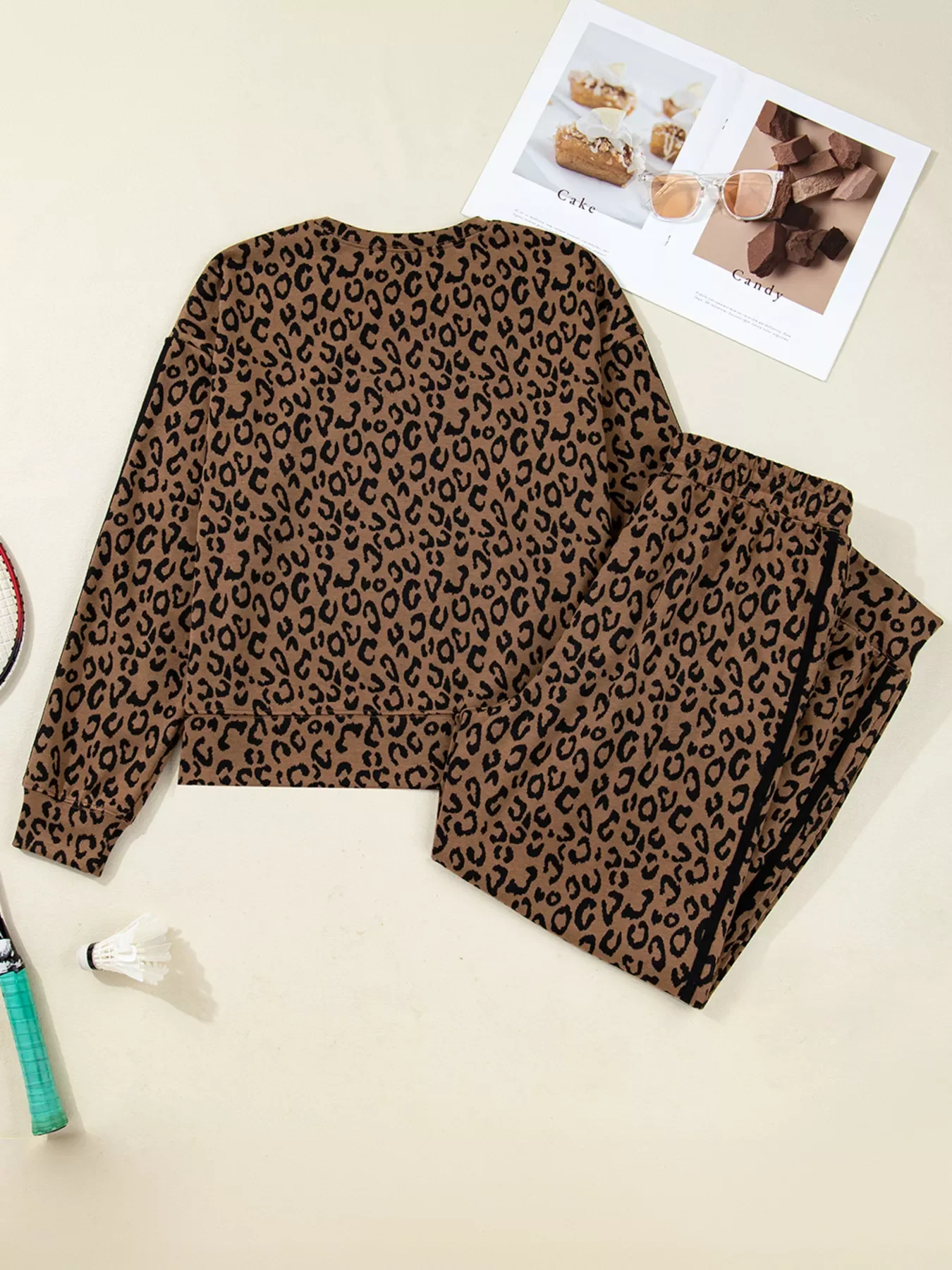 Striped Trim Leopard Long Sleeve Top Drawstring Pant Set - Image 7