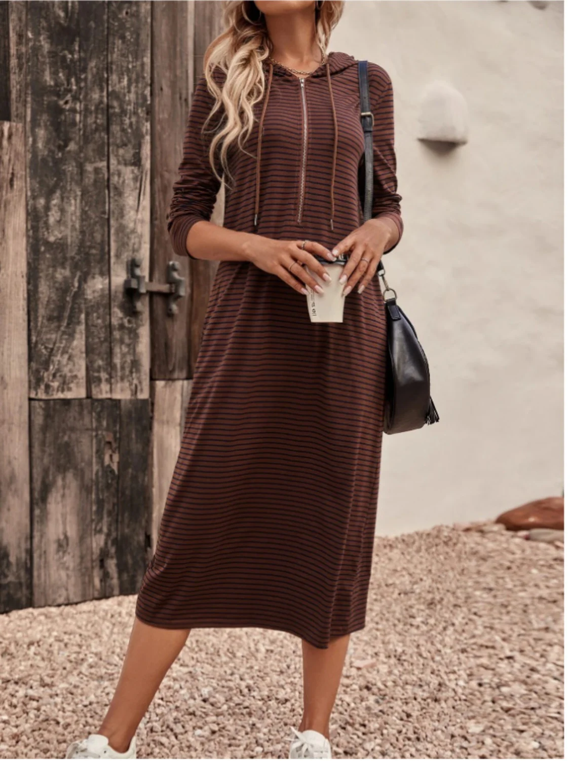 Striped Zip Front Hooded Dress - Image 8