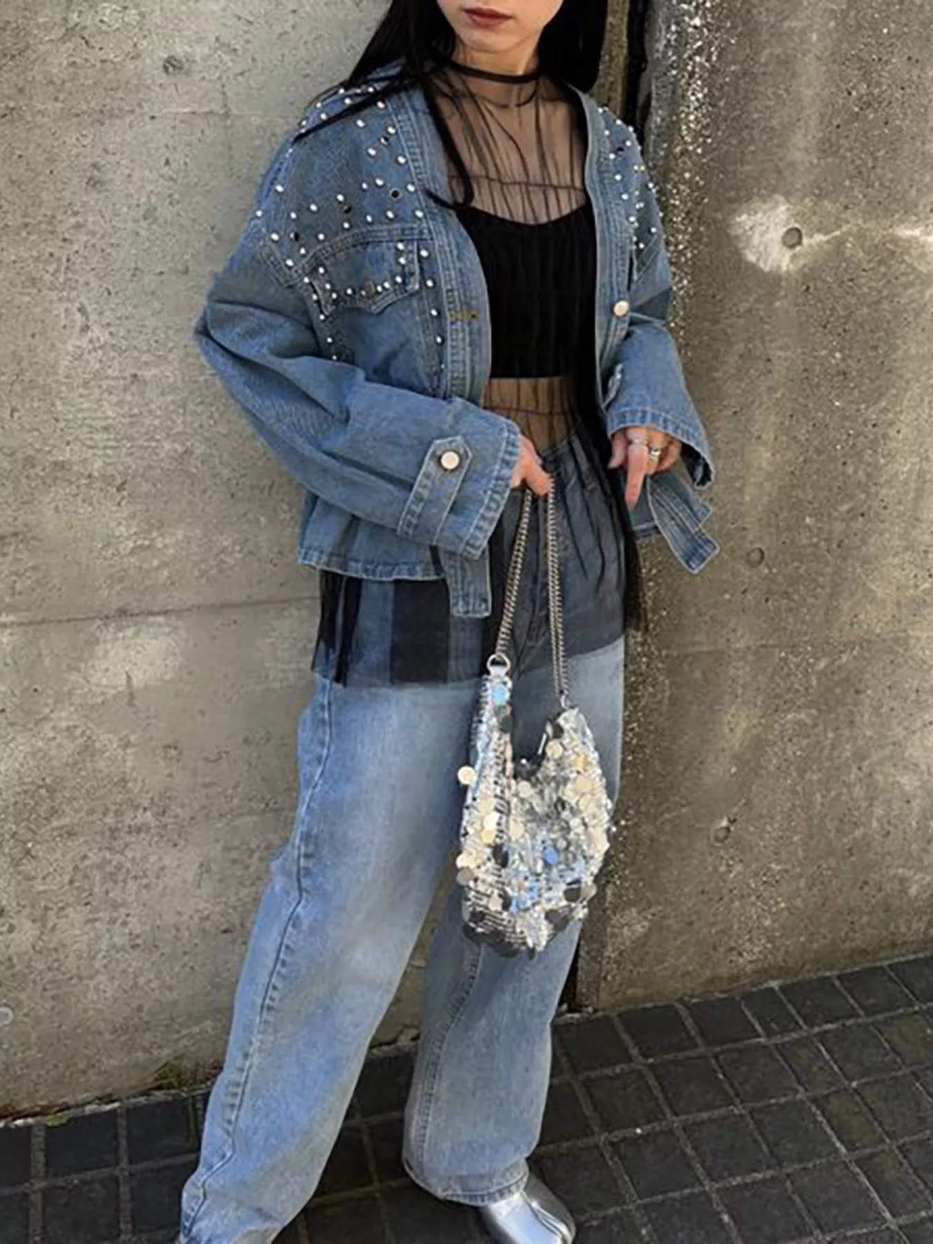 Studded Button Up Denim Jacket - Image 4