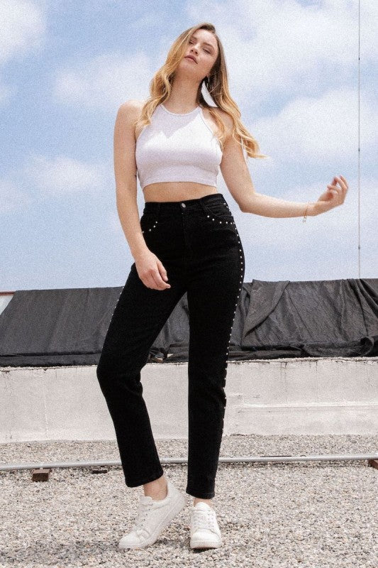 Studded Mom Jean in Black Denim - Image 2