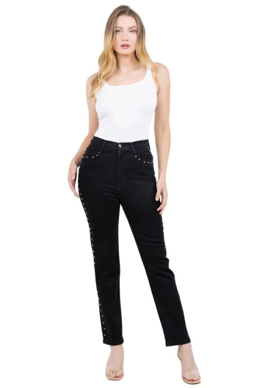 Studded Mom Jean in Black Denim - Image 9