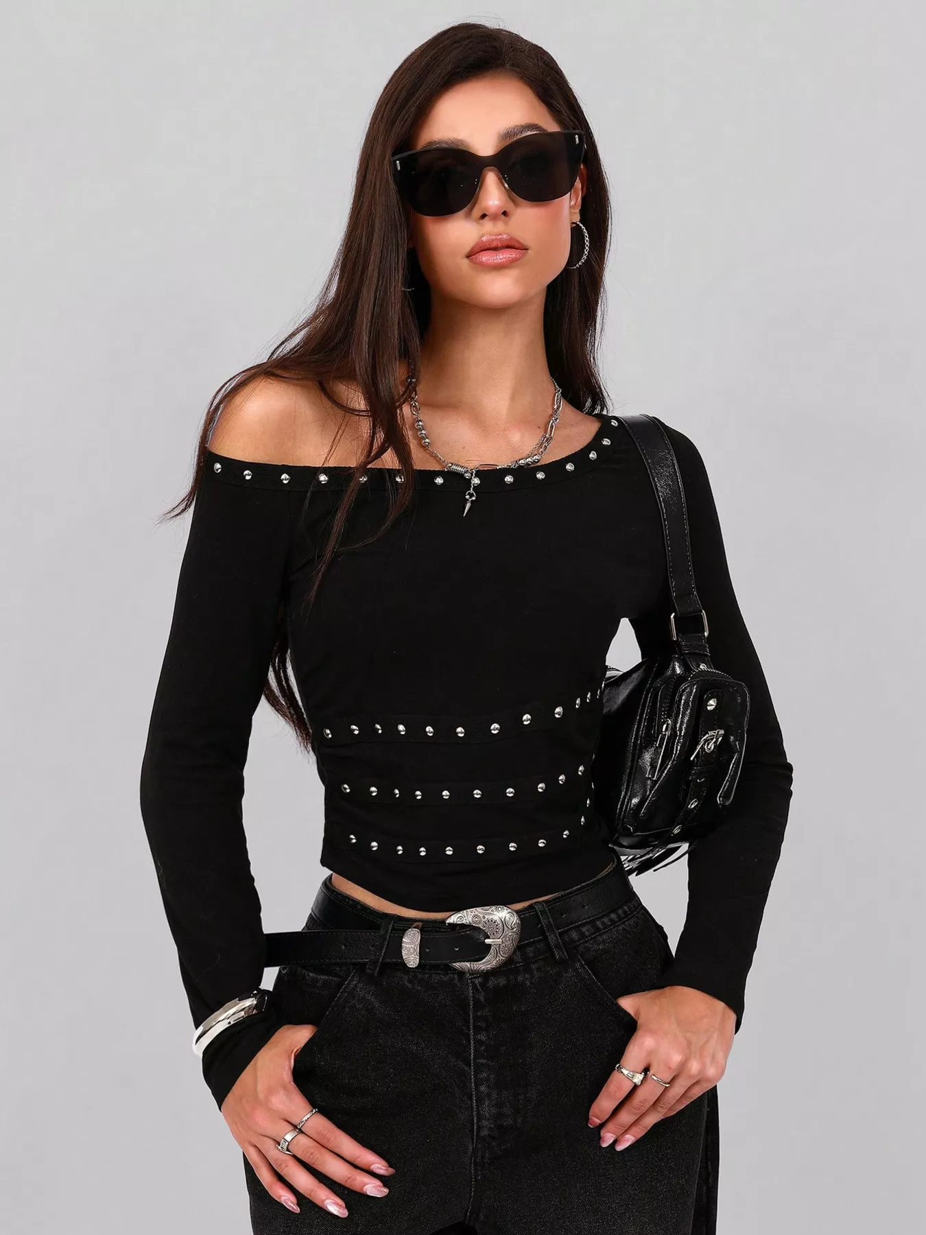 Studded One Shoulder Long Sleeve T-Shirt - Image 6