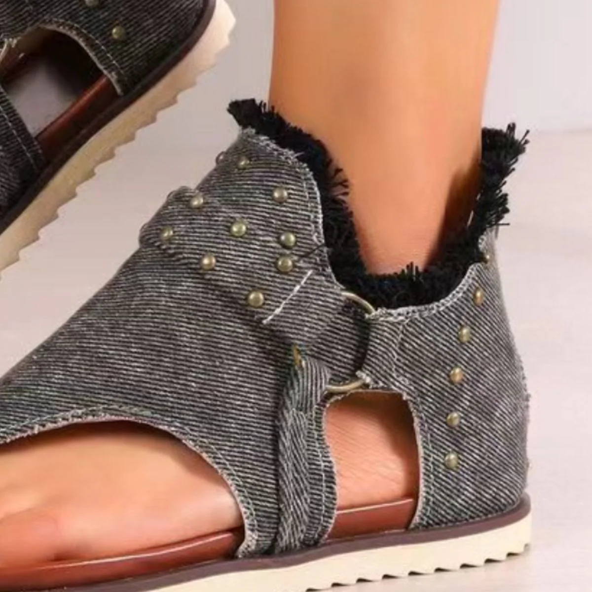 Studded Raw Hem Flat Sandals - Image 14