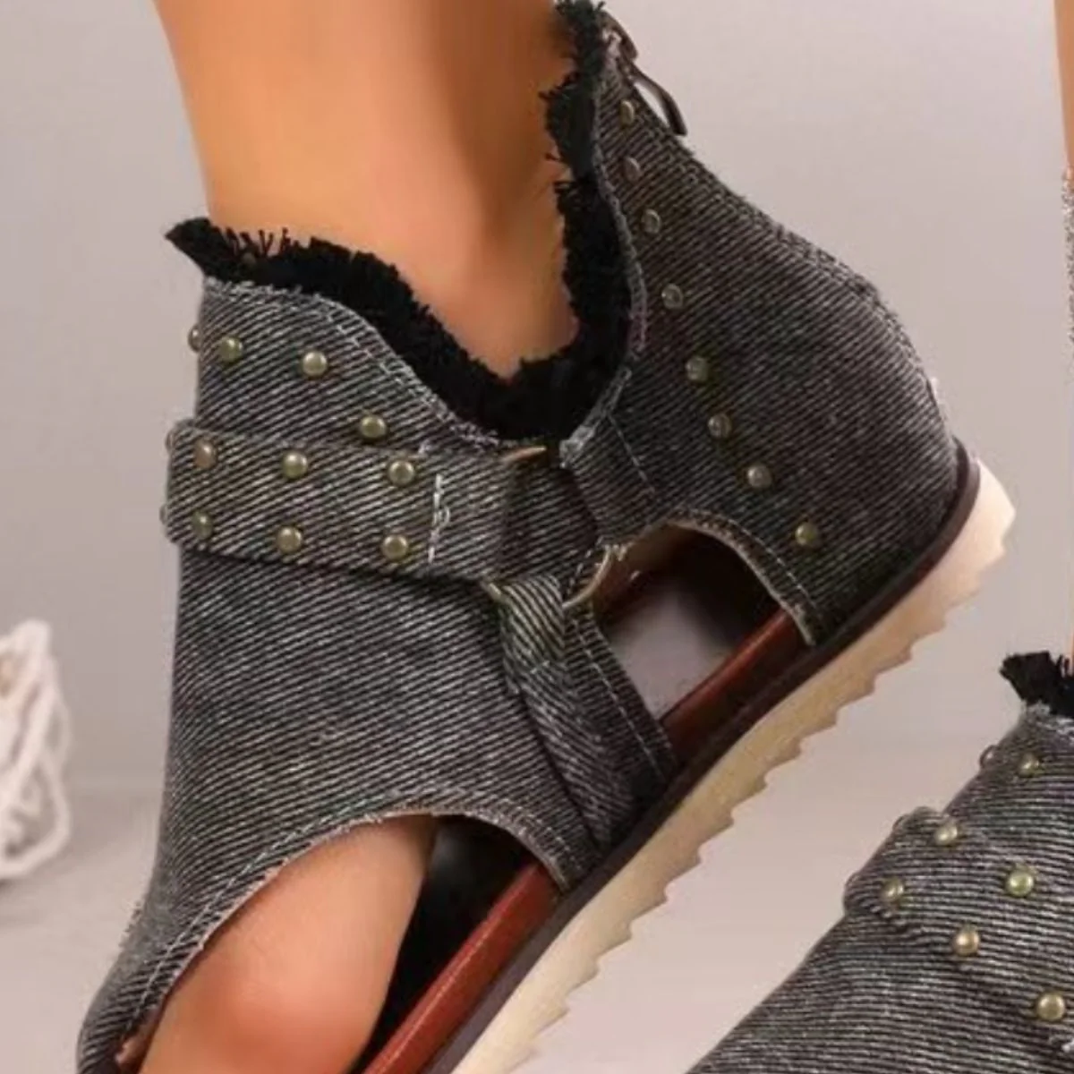 Studded Raw Hem Flat Sandals - Image 15