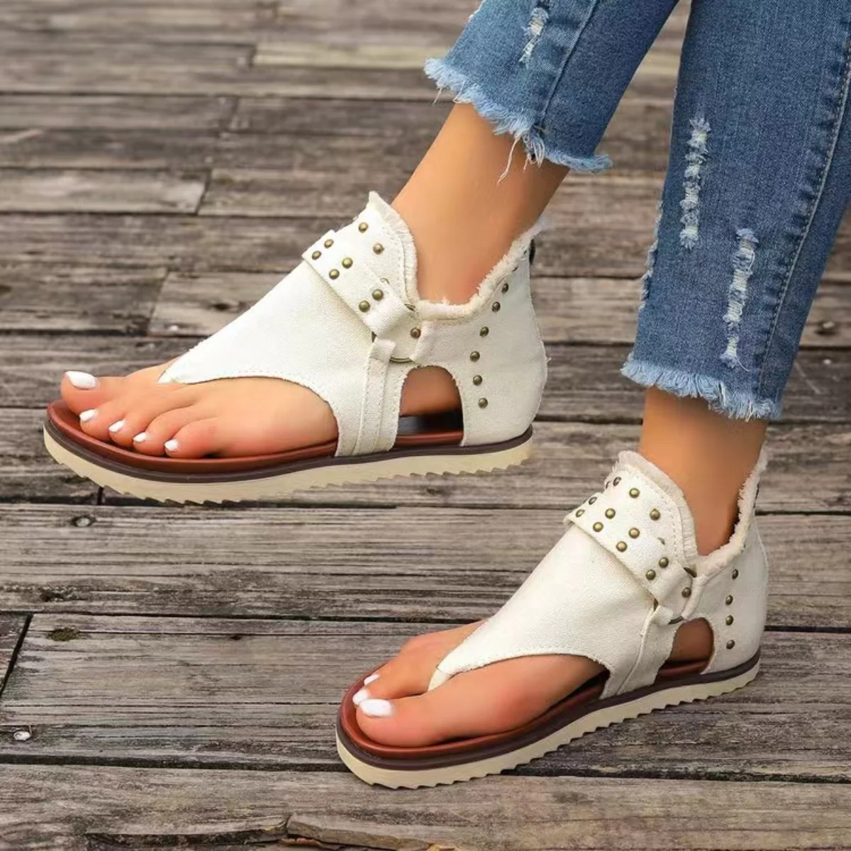 Studded Raw Hem Flat Sandals - Image 8