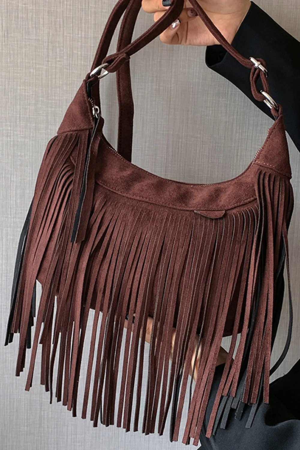 Suede Fringe Adjustable Strap Shoulder Bag - Image 12
