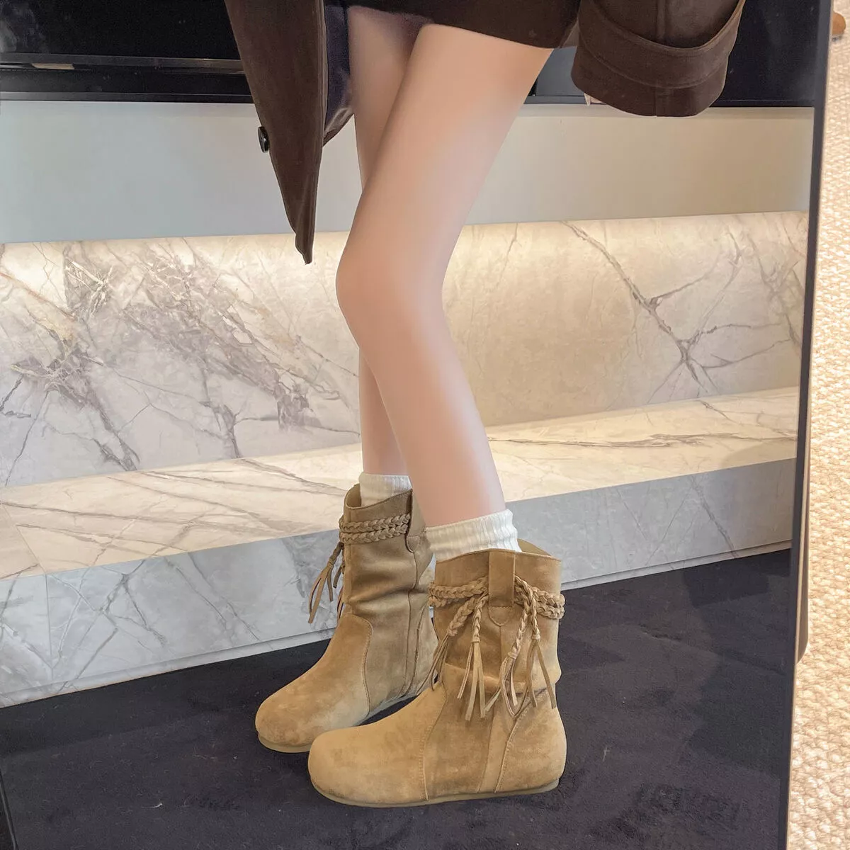 Suede Fringe Round Toe Boots - Image 11