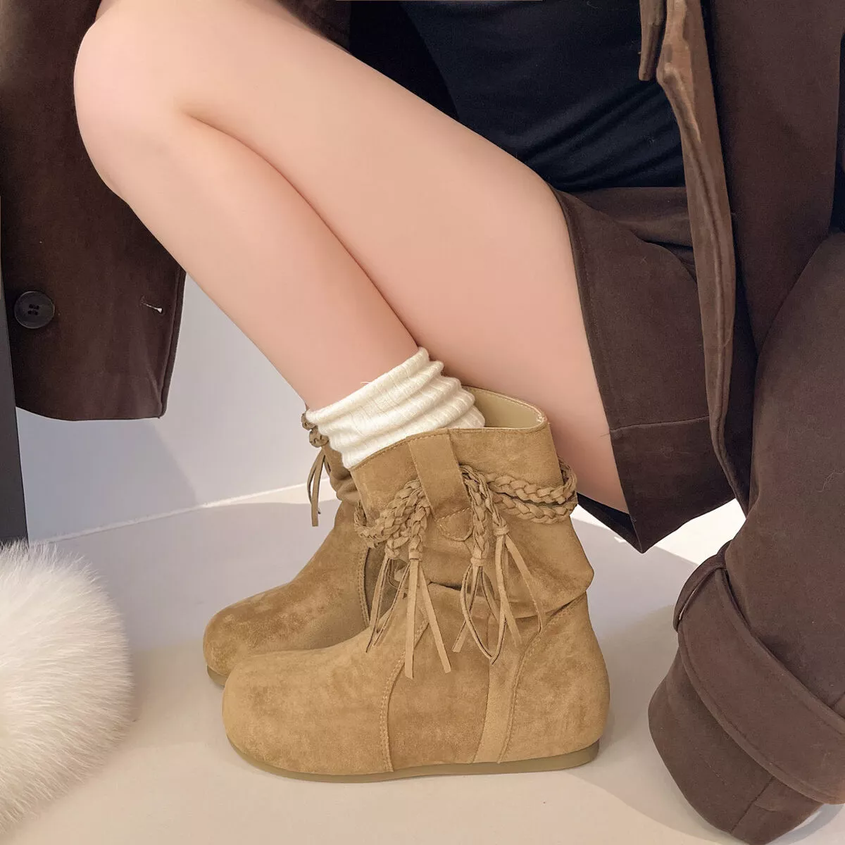 Suede Fringe Round Toe Boots - Image 12