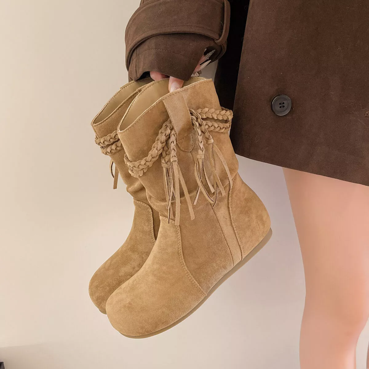Suede Fringe Round Toe Boots - Image 8
