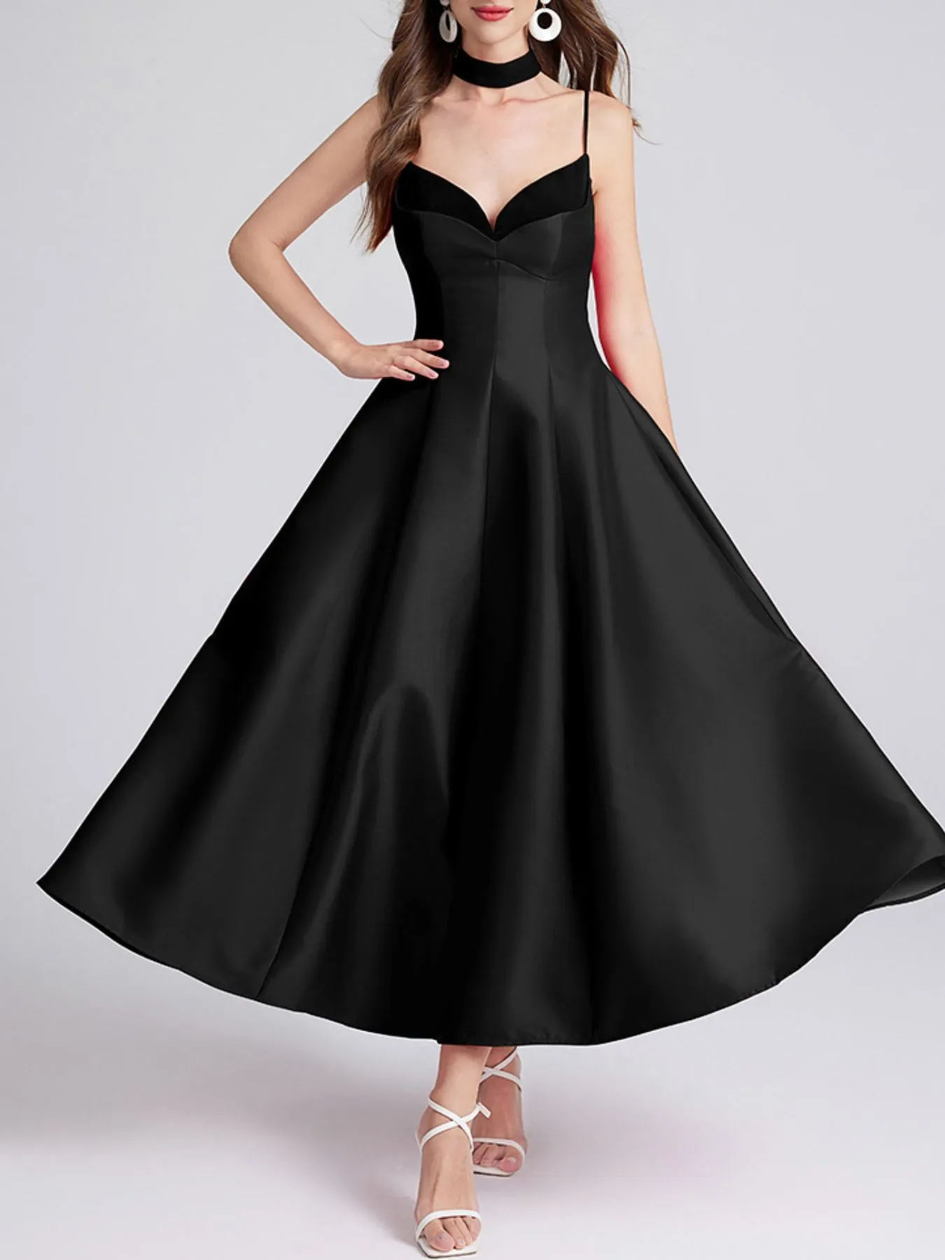 Sweetheart Spaghetti Strap Midi Dress with Collar - Image 3
