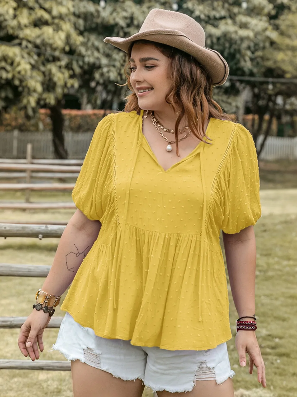Swiss Dot Tie Neck Short Sleeve Blouse - Image 8