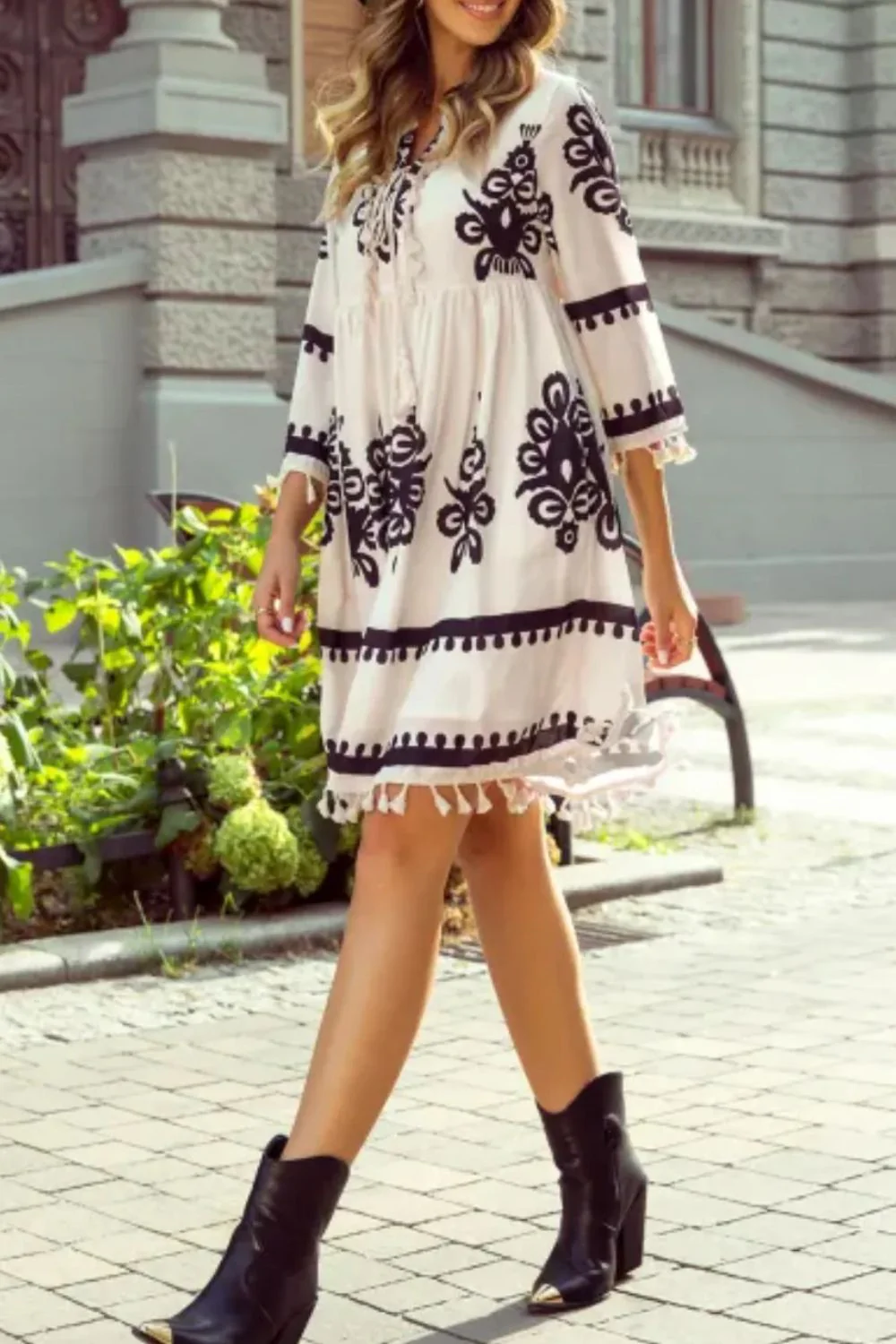 Tassel Hem 3/4 Sleeve Mini Dress - Image 4