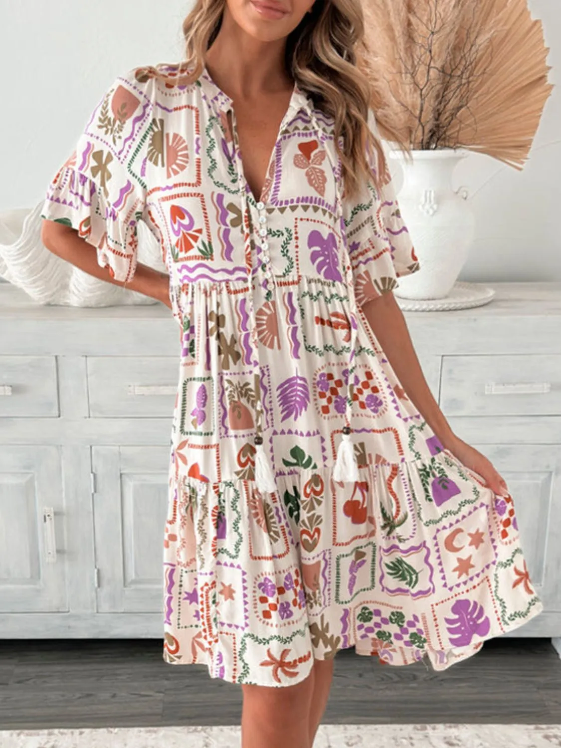 Tassel Printed Tie Neck Half Sleeve Mini Dress - Image 10