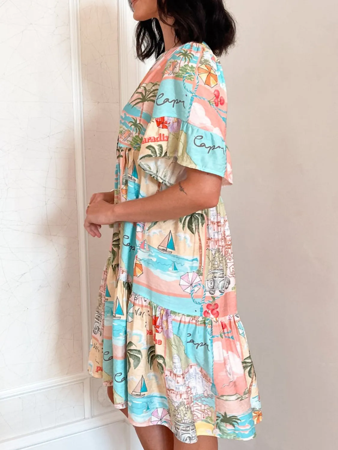 Tassel Printed Tie Neck Half Sleeve Mini Dress - Image 16