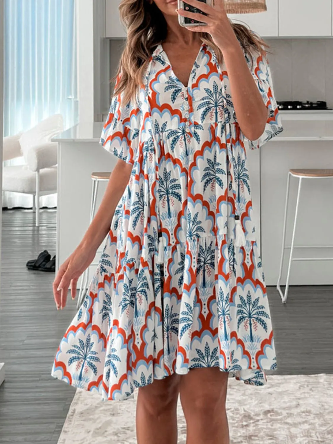 Tassel Printed Tie Neck Half Sleeve Mini Dress - Image 2