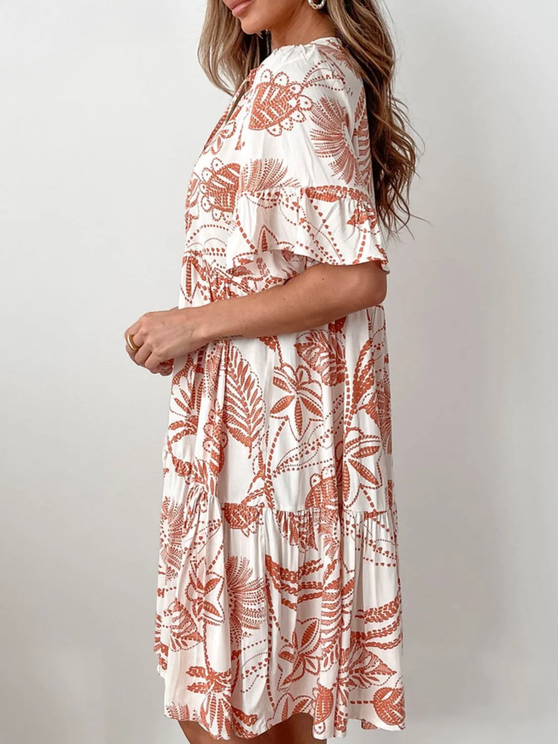 Tassel Printed Tie Neck Half Sleeve Mini Dress - Image 6