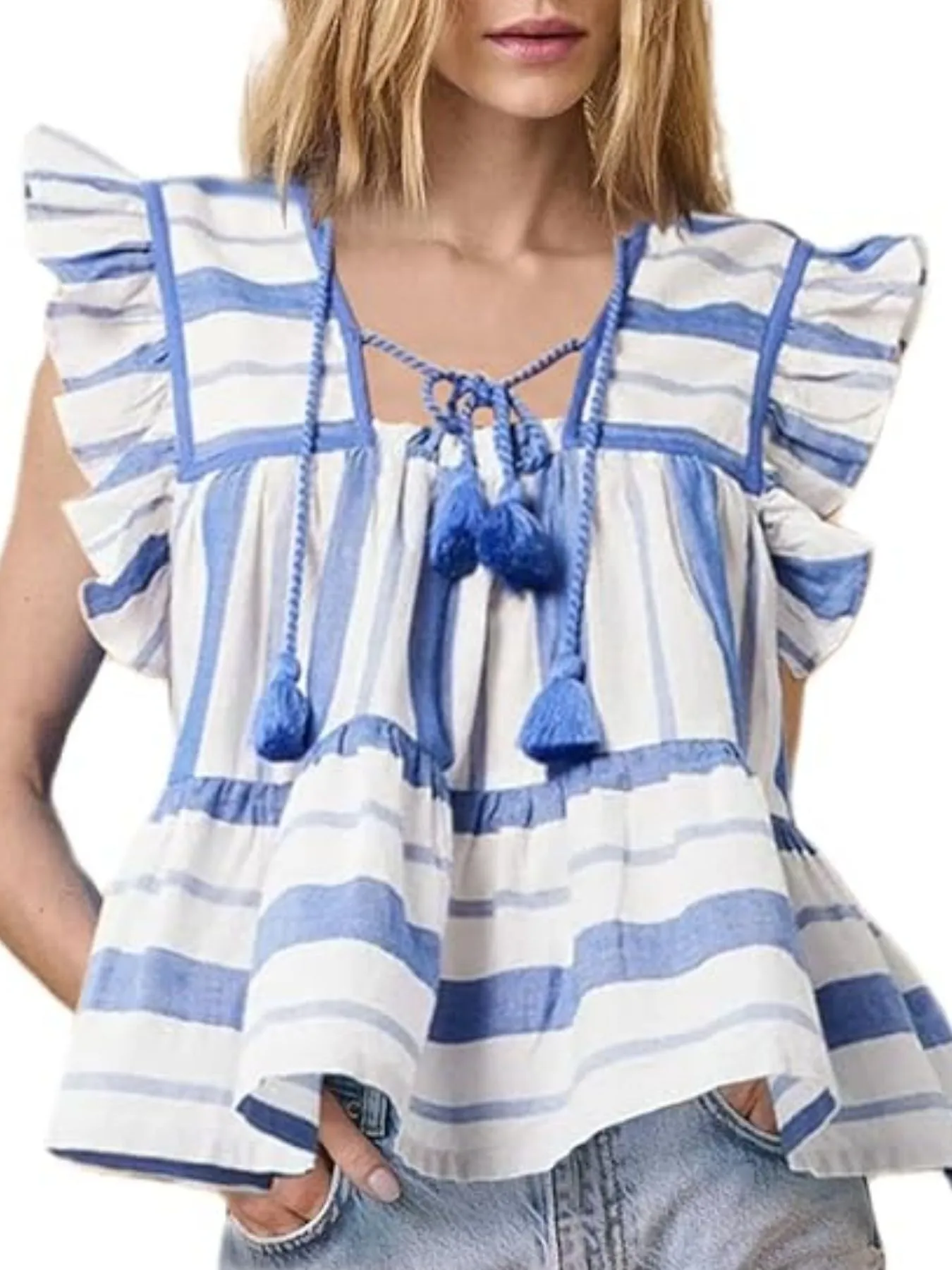 Tassel Ruffled Striped Blouse - Image 3