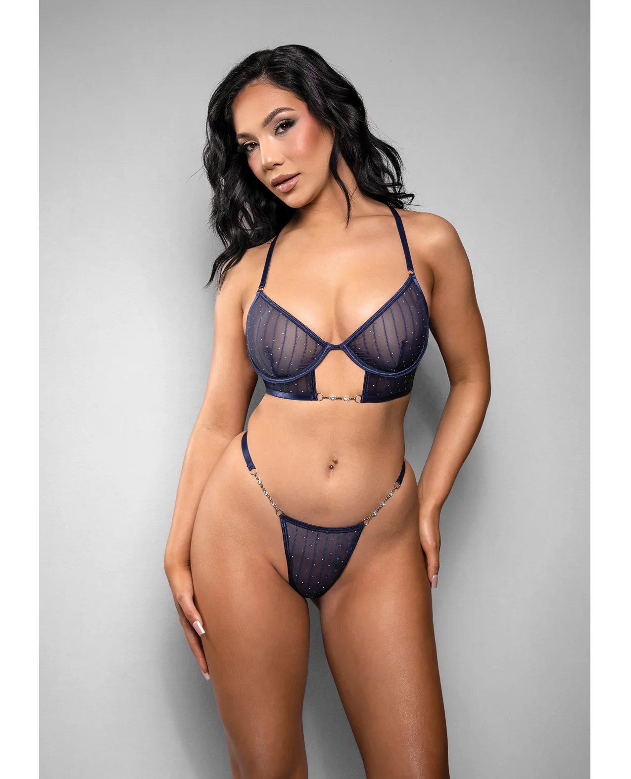 Temptress Celeste Sheer Striped Rhinestone Mesh Bra w/G-String 2 pc Set - Navy S/M